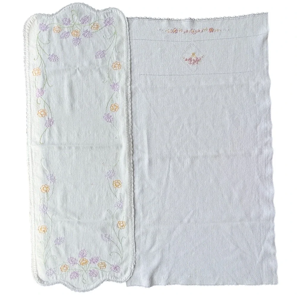 Vintage Hand Embroidered Table Runner Dresser Scarf Set Floral White Cotton Lace